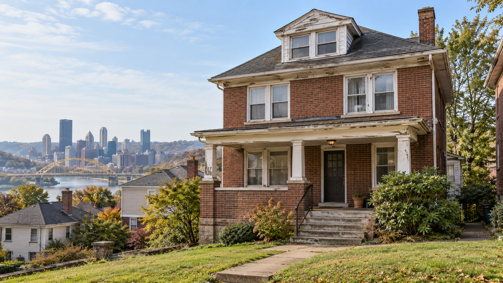 A weathered brick house in Pittsburgh with the city skyline beyond