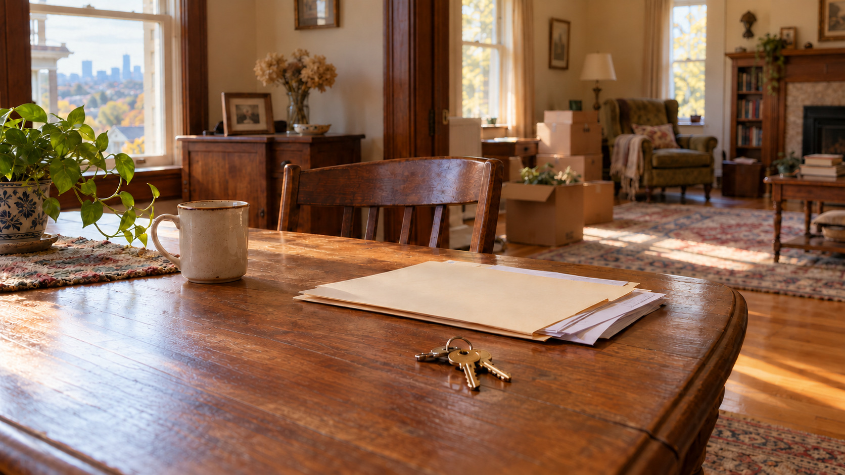 House keys and estate paperwork on a table in an inherited home