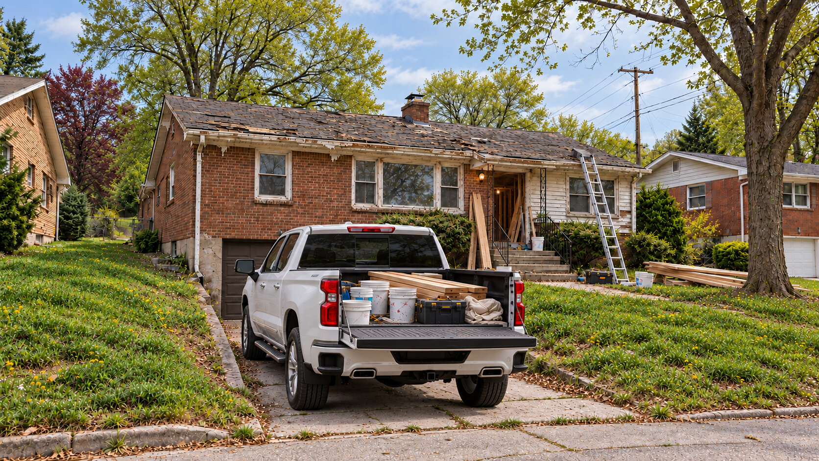 A Pittsburgh-area ranch house undergoing major repairs with a contractor truck