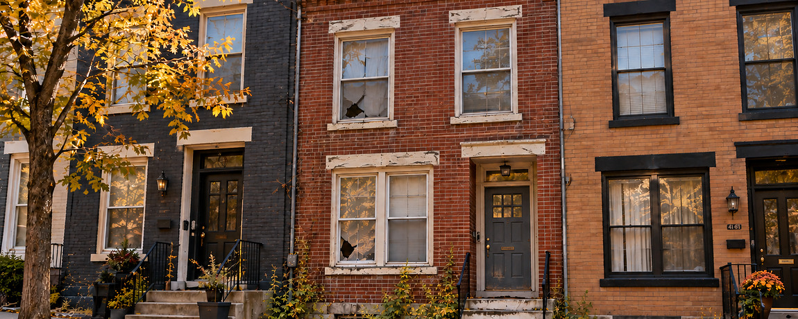 Vacant Pittsburgh rowhouse with overgrown plants