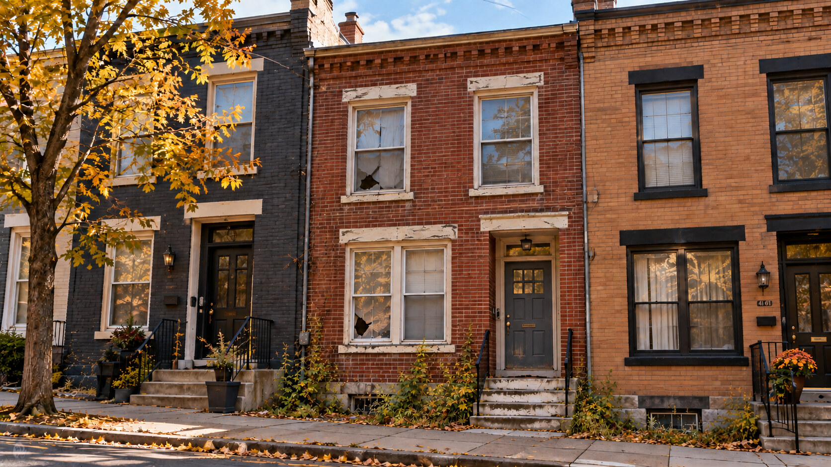 A vacant brick rowhouse with overgrown plants on a Pittsburgh street